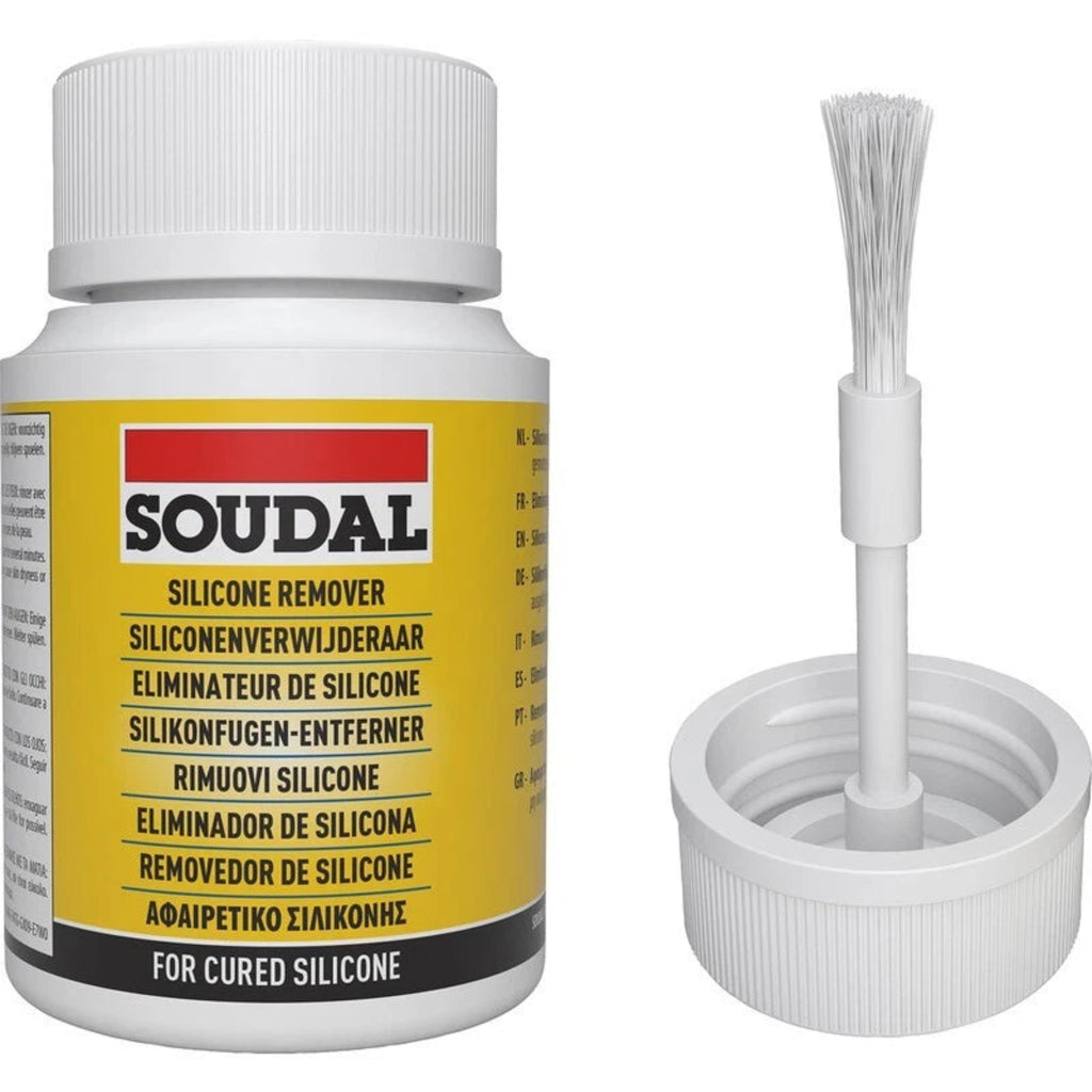Soudal silicone remover bottle with a brush on a white background